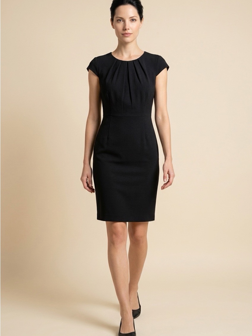 Talbots Black Cap-Sleeve Sheath Midi Dress